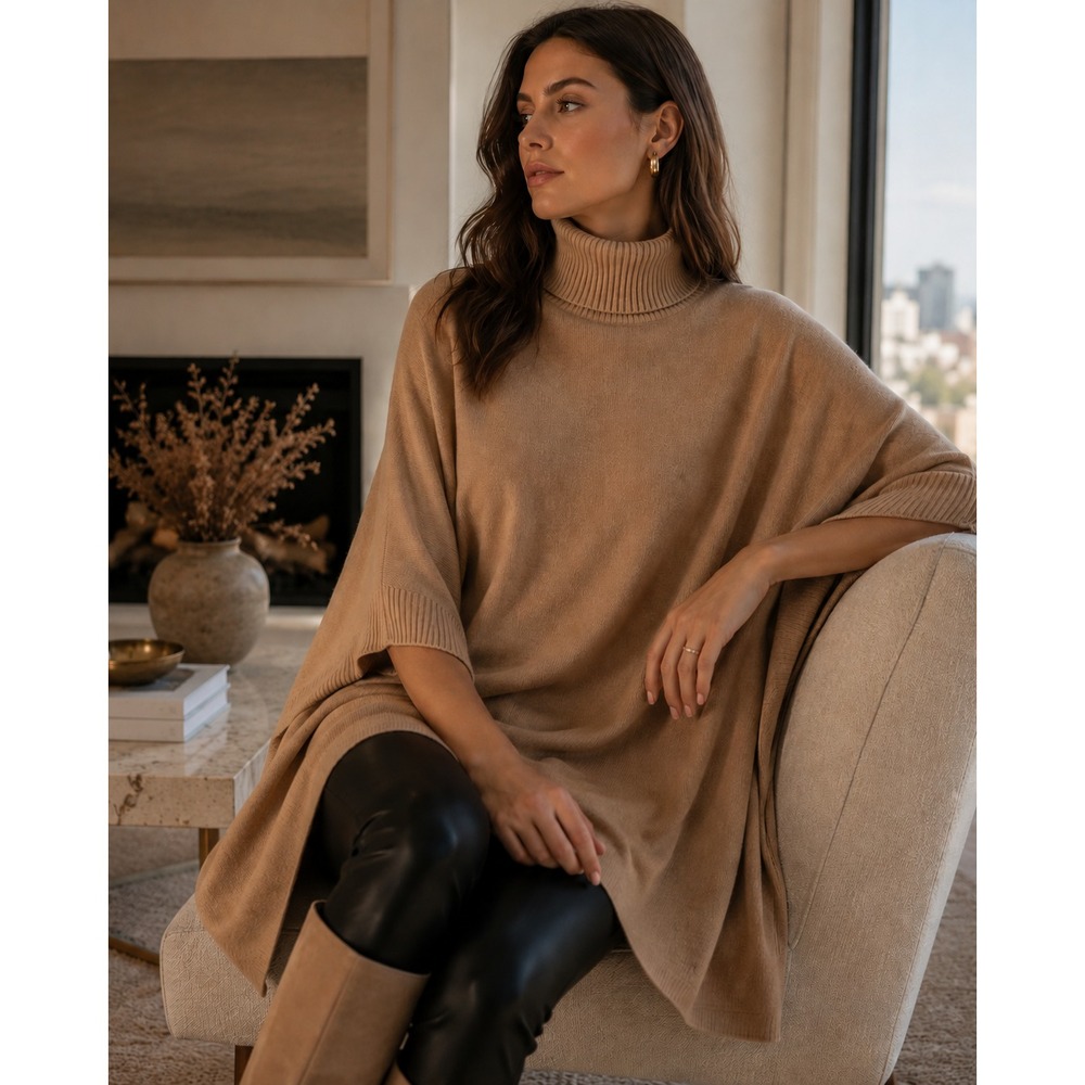 Michael Kors NWT Camel Turtleneck Poncho Sweater Cape Oversized Knit Women S